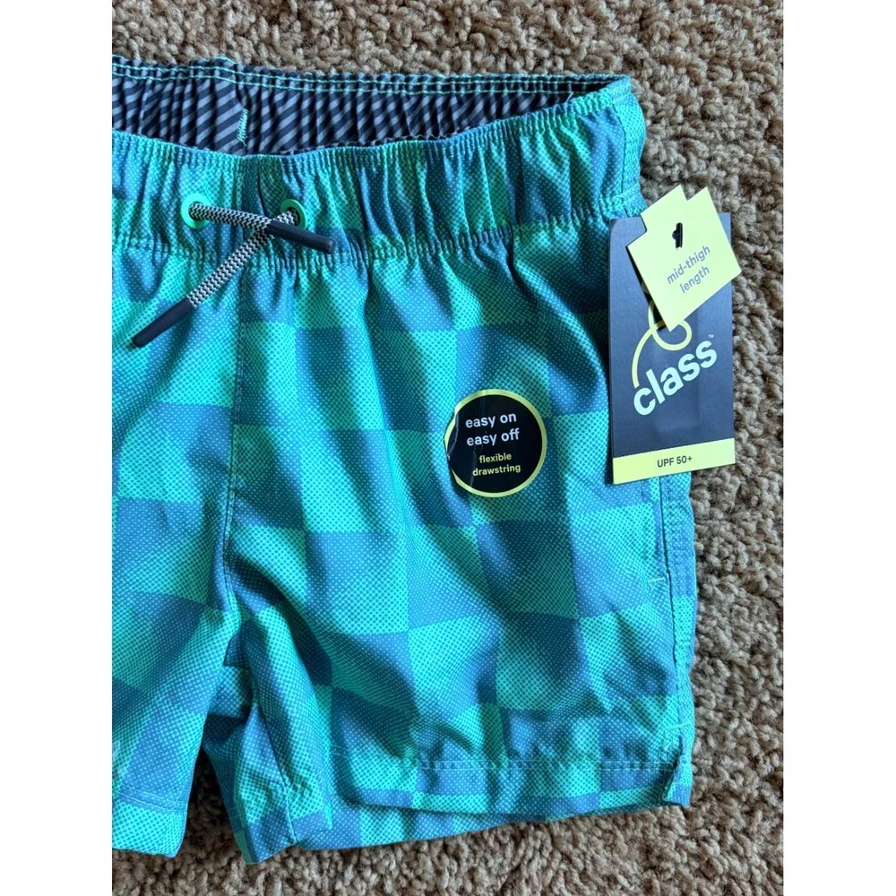 Cat & Jack Green Checkered Swim Trunk Shorts Built In Briefs Boys 4/5 NEW NWT